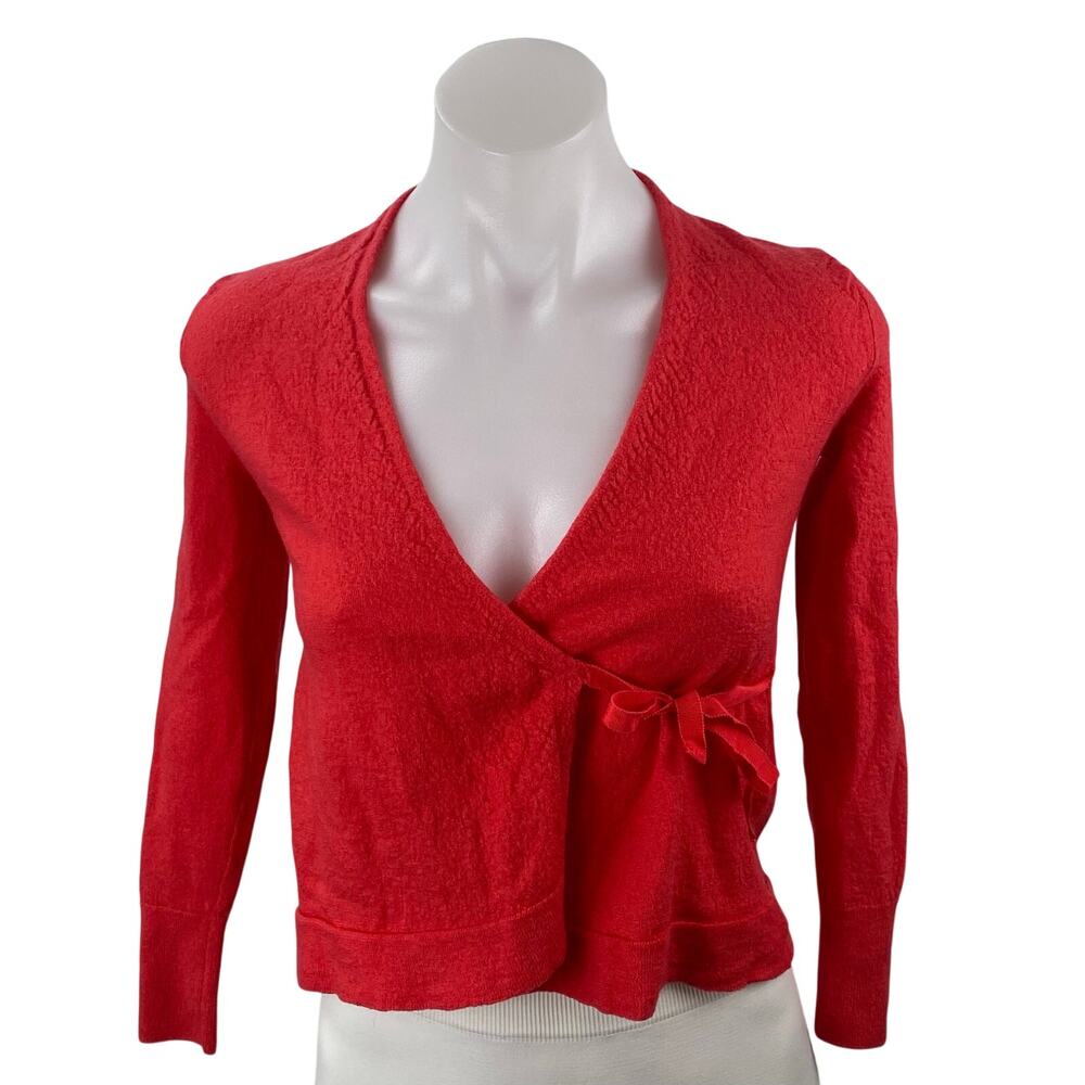 Banana Republic Red Long Sleeve Tie V Neck Cropped Wrap Blouse Top Size XS